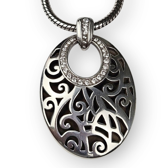 Brighton Scrolled Ellipse Pendant Chain Necklace Swarovski Crystal Silver Plated - Picture 1 of 9